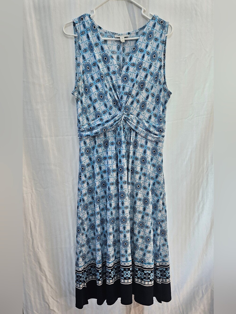 Dana Buchman Midi Dress - Blue White Geometric Sleeveless Twist - Size L Large